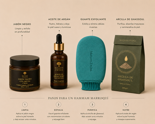 Contenido kit hammam jabón negro guante kessa argán - Maison Zwina